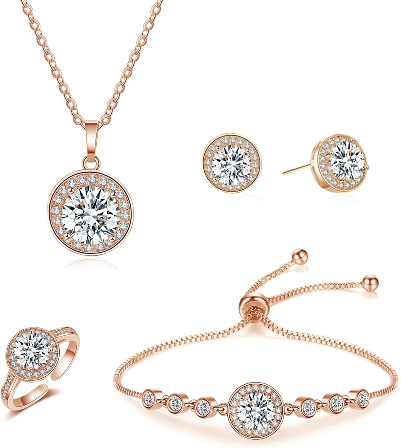 4PCS Wedding Jewelry for Bridesmaid Cubic Zirconia Teardrop Necklace Earrings Bracelet Ring Set Bridesmaid Jewelry Set for Women Party Jewelry Gift F-Round set rose gold