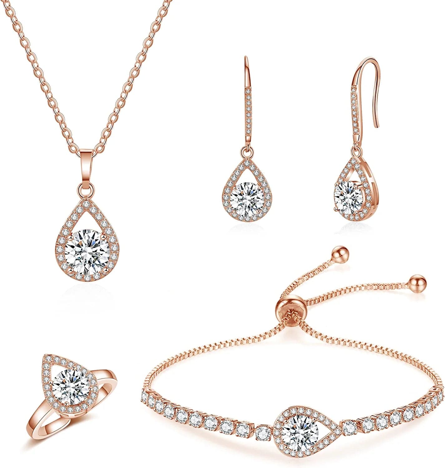 4PCS Wedding Jewelry for Bridesmaid Cubic Zirconia Teardrop Necklace Earrings Bracelet Ring Set Bridesmaid Jewelry Set for Women Party Jewelry Gift C-Teardrop set rose gold