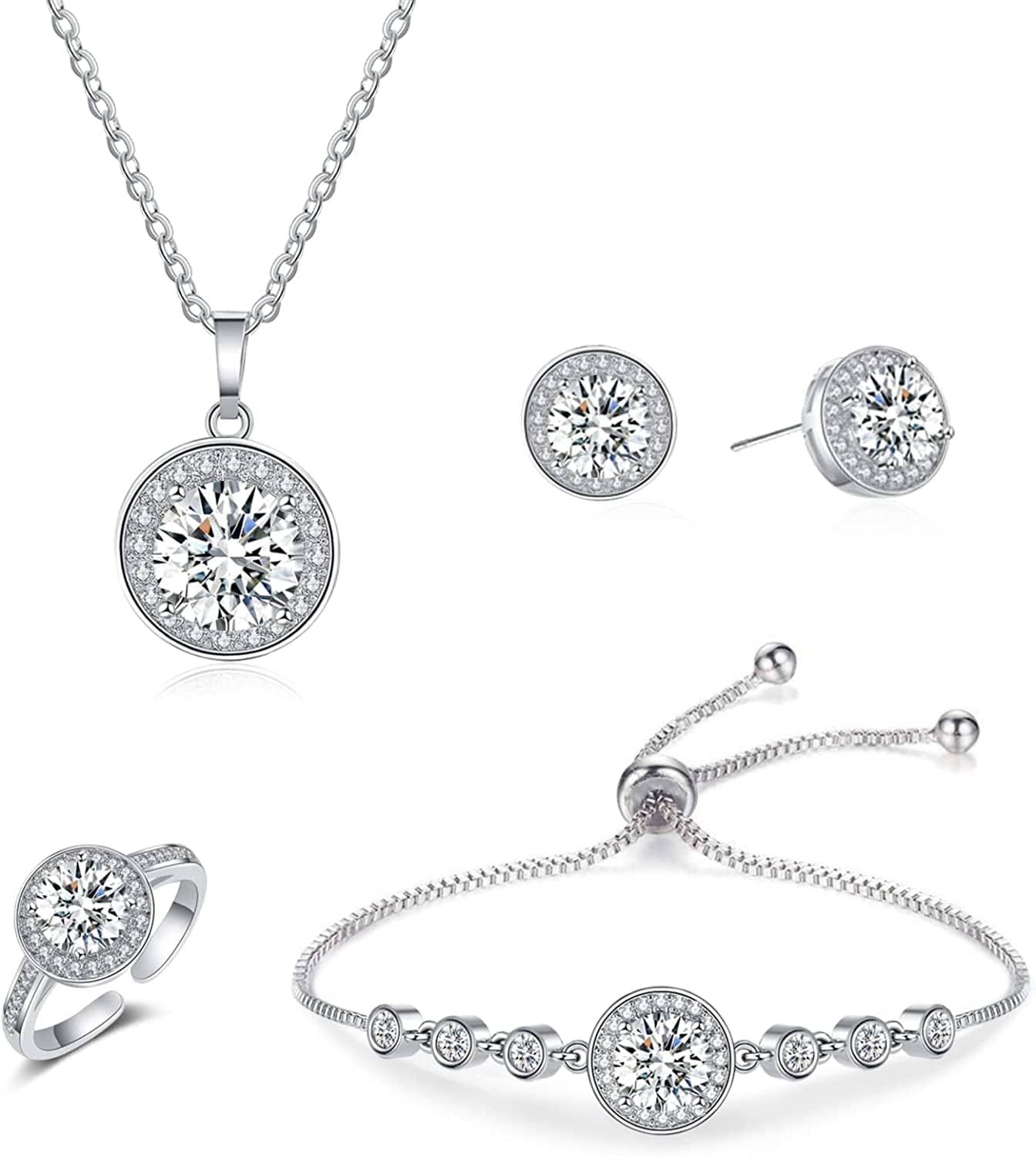 4PCS Wedding Jewelry for Bridesmaid Cubic Zirconia Teardrop Necklace Earrings Bracelet Ring Set Bridesmaid Jewelry Set for Women Party Jewelry Gift D-Round set silver