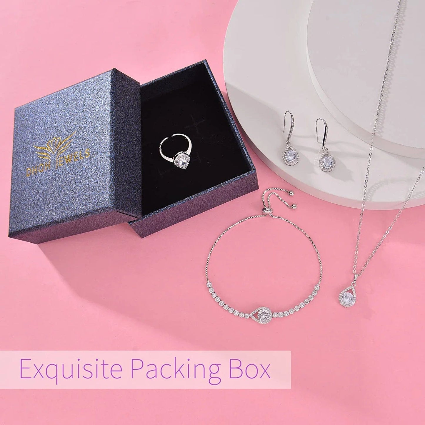 4PCS Wedding Jewelry for Bridesmaid Cubic Zirconia Teardrop Necklace Earrings Bracelet Ring Set Bridesmaid Jewelry Set for Women Party Jewelry Gift