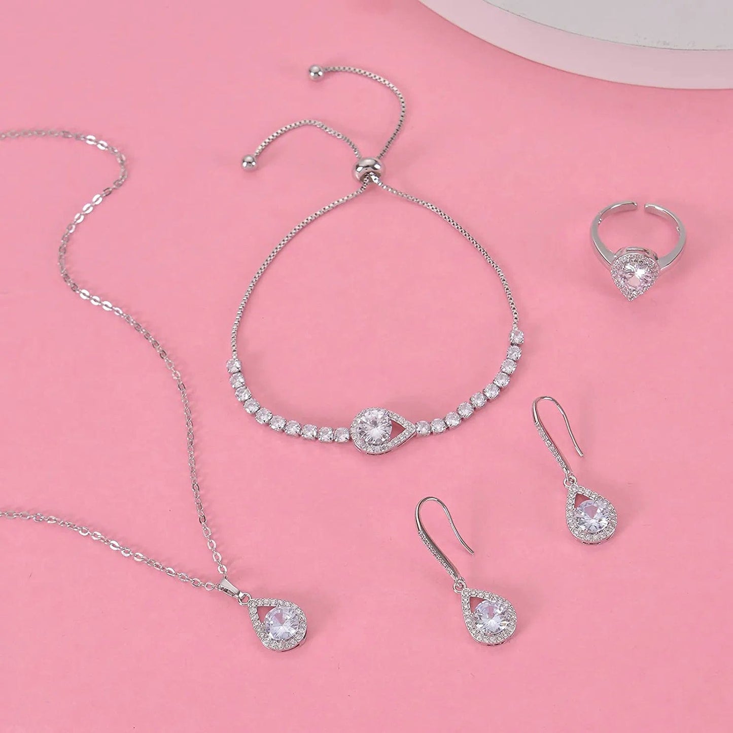4PCS Wedding Jewelry for Bridesmaid Cubic Zirconia Teardrop Necklace Earrings Bracelet Ring Set Bridesmaid Jewelry Set for Women Party Jewelry Gift