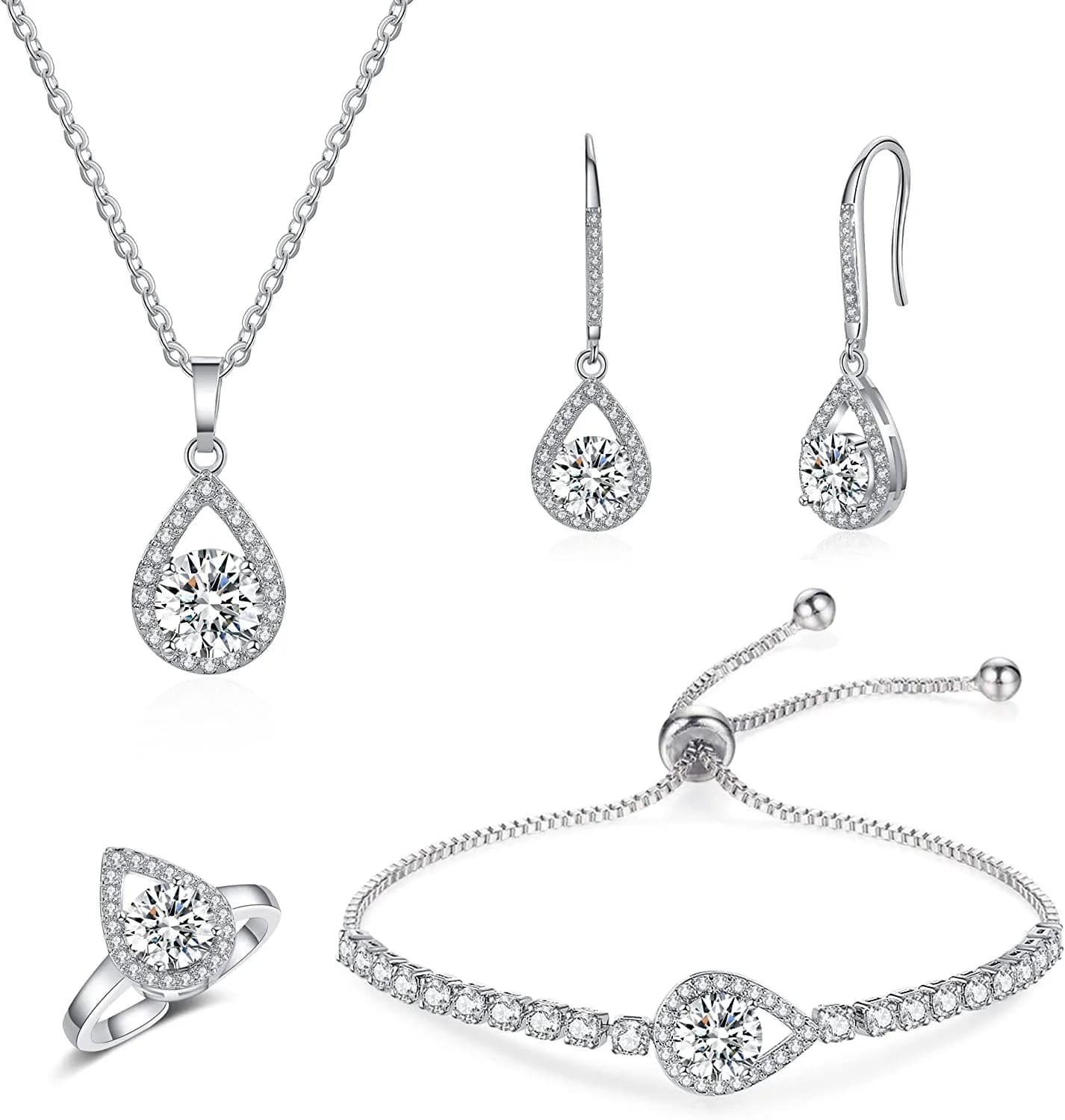 4PCS Wedding Jewelry for Bridesmaid Cubic Zirconia Teardrop Necklace Earrings Bracelet Ring Set Bridesmaid Jewelry Set for Women Party Jewelry Gift A-Teardrop set silver