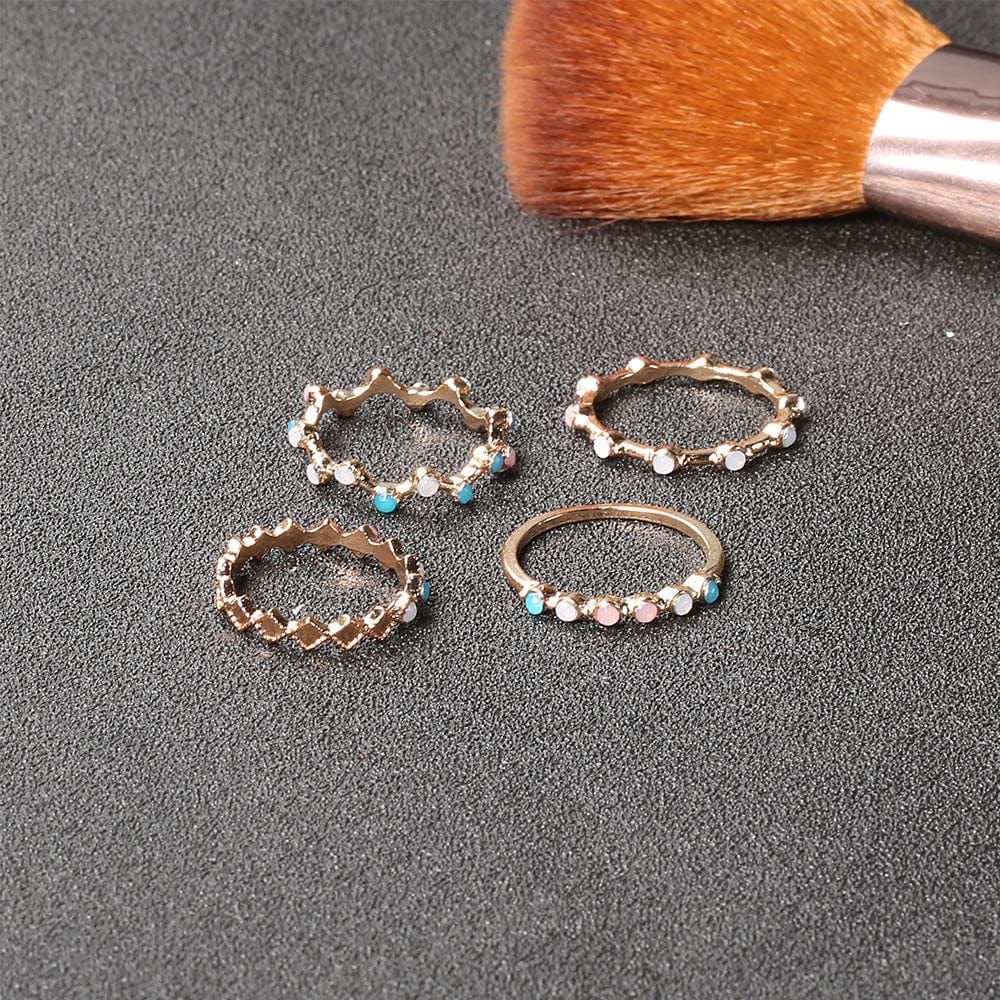 4Pcs Women Dainty Gold Ring Set Simple Rainbow Colorful Bead Cute Wave Knuckle Ring Set Gift for Her Lovely Ring Set Women and Girls Teens