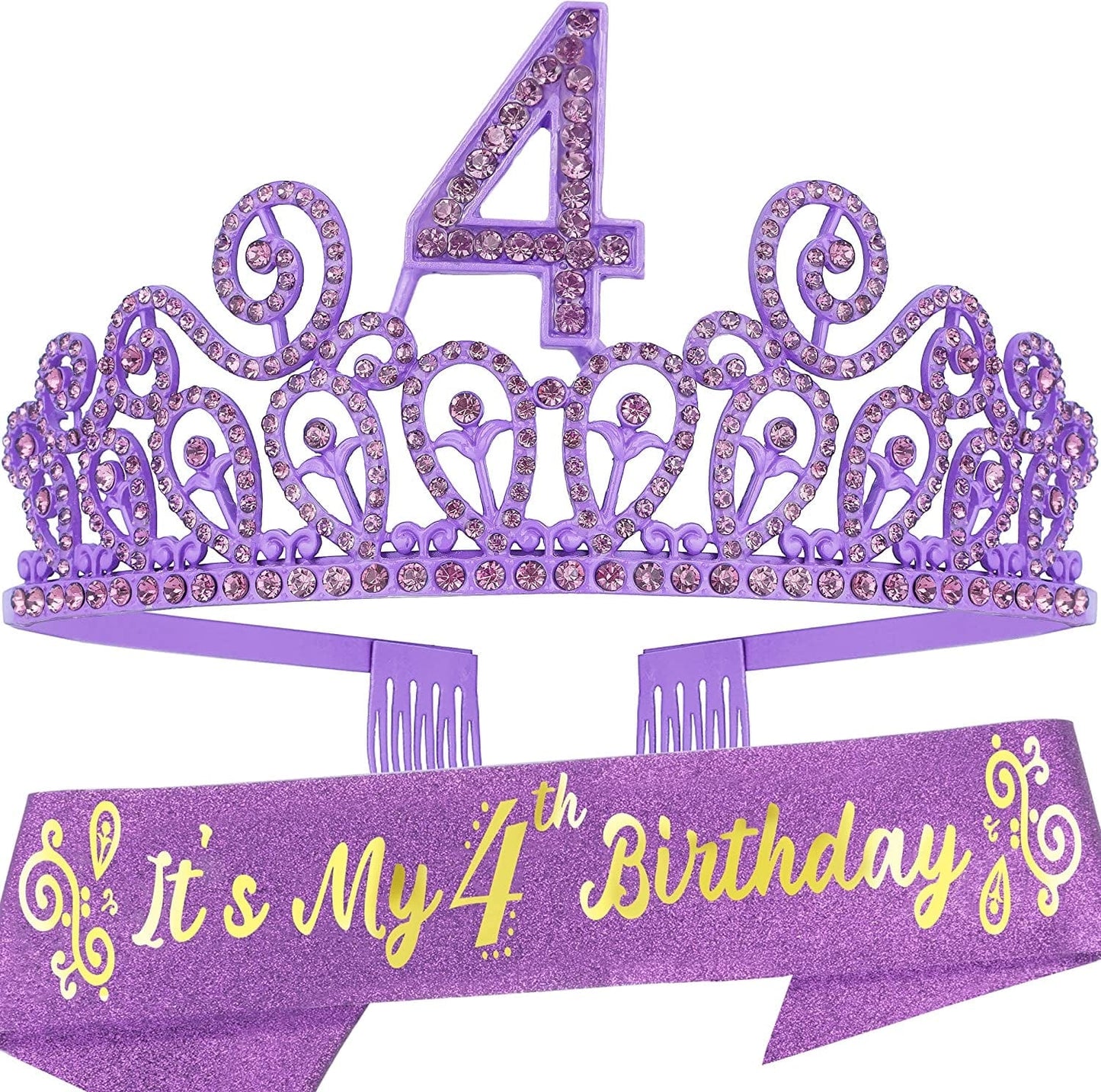 4Th Birthday Sash and Tiara for Girls - Fabulous Glitter Sash + Ripples Rhinestone Purple Premium Metal Tiara for Girls, 4Th Birthday Gifts for Princess Party Apparel & Accessories > Clothing Accessories > Sashes MEANT2TOBE Purple