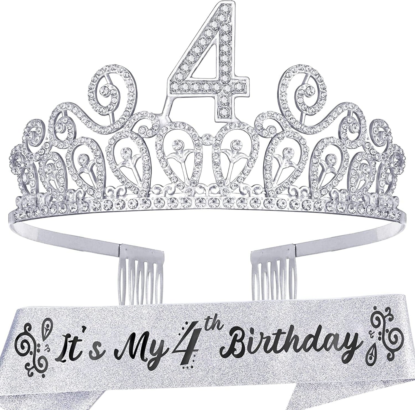 4Th Birthday Sash and Tiara for Girls - Fabulous Glitter Sash + Ripples Rhinestone Purple Premium Metal Tiara for Girls, 4Th Birthday Gifts for Princess Party Apparel & Accessories > Clothing Accessories > Sashes MEANT2TOBE Silver