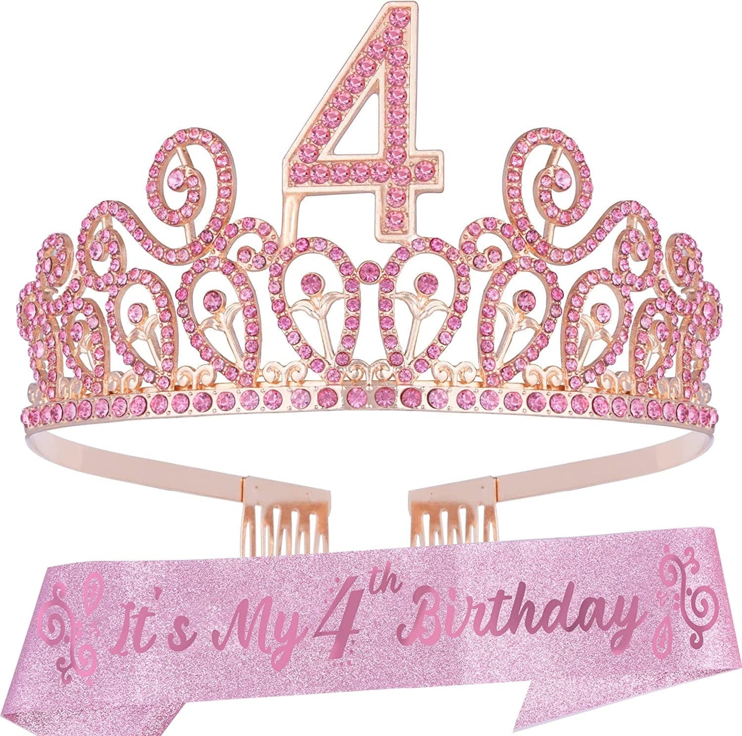 4Th Birthday Sash and Tiara for Girls - Fabulous Glitter Sash + Ripples Rhinestone Purple Premium Metal Tiara for Girls, 4Th Birthday Gifts for Princess Party Apparel & Accessories > Clothing Accessories > Sashes MEANT2TOBE Pink