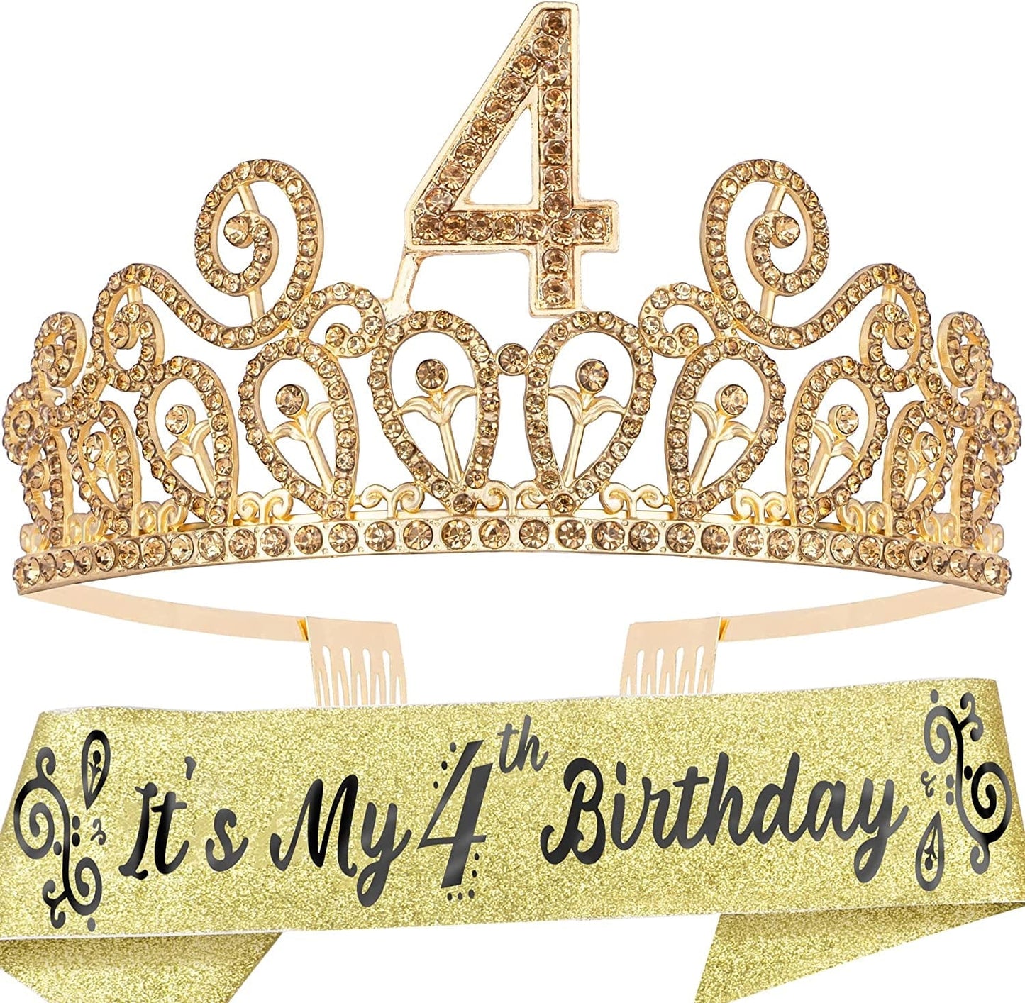 4Th Birthday Sash and Tiara for Girls - Fabulous Glitter Sash + Ripples Rhinestone Purple Premium Metal Tiara for Girls, 4Th Birthday Gifts for Princess Party Apparel & Accessories > Clothing Accessories > Sashes MEANT2TOBE Gold