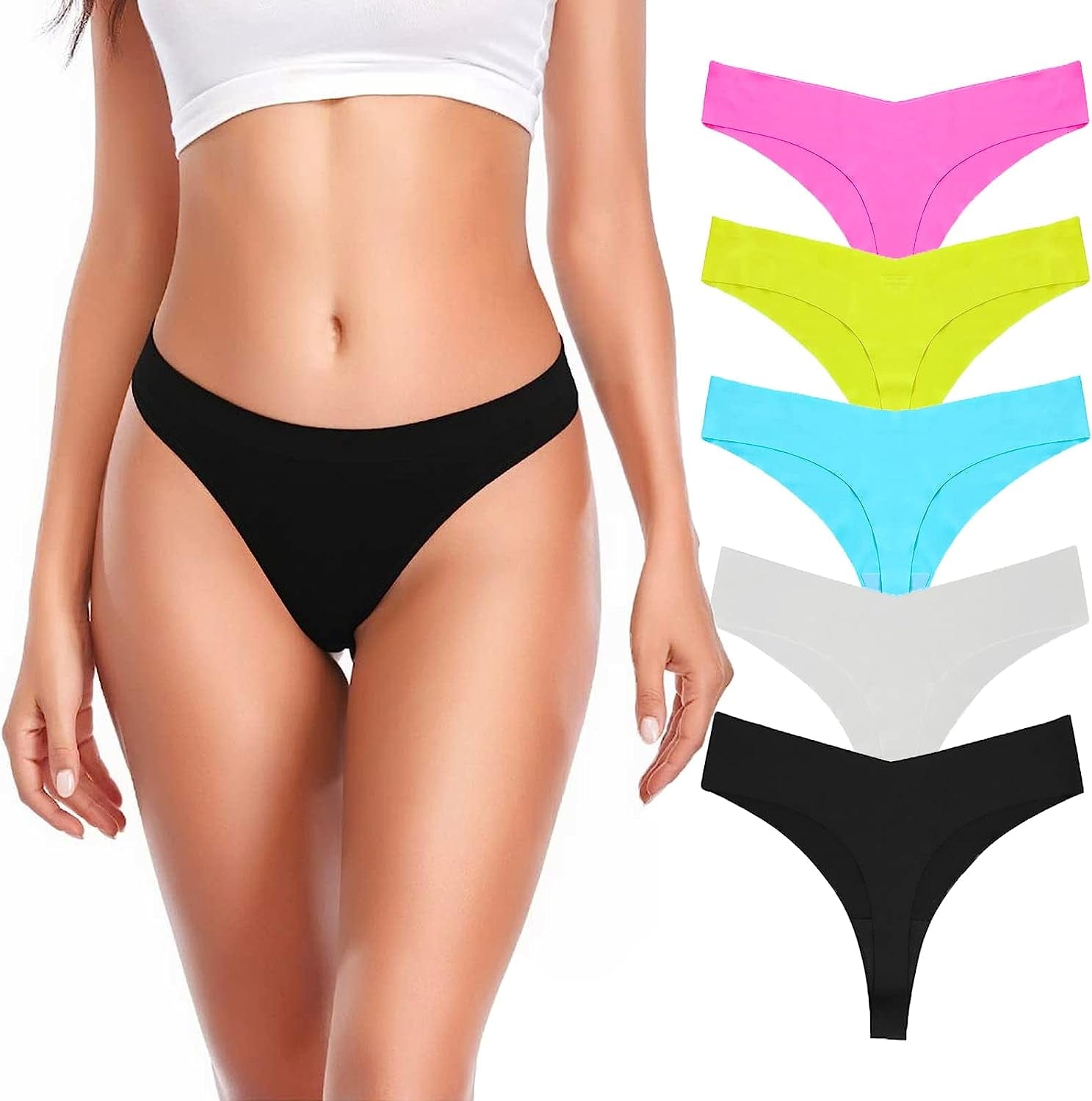 5 Pack Seamless Thongs for Women Breathable Low Rise Panties Invisible Hipster Underwear Sexy No Show Thong S-XL Five Colors / X-Large