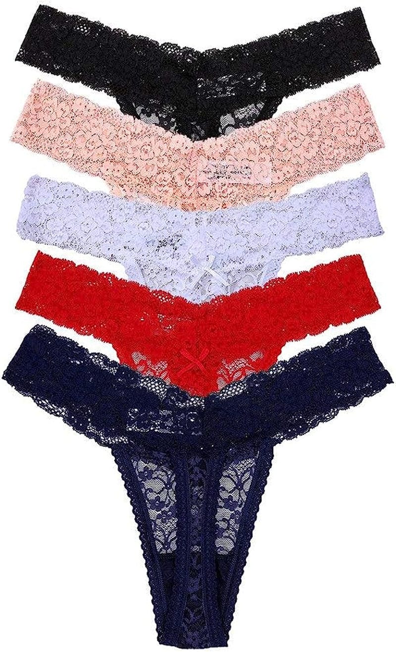 5-Pack Women'S Thin Lace Hollowed-Out T-Back Low Waist Ice Silk Sexy Cheeky Thong See-Through Panties Black and White and Red and Orange and Dark Blue / X-Large