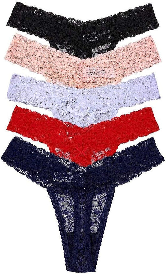5-Pack Women'S Thin Lace Hollowed-Out T-Back Low Waist Ice Silk Sexy Cheeky Thong See-Through Panties Black and White and Red and Orange and Dark Blue / X-Large