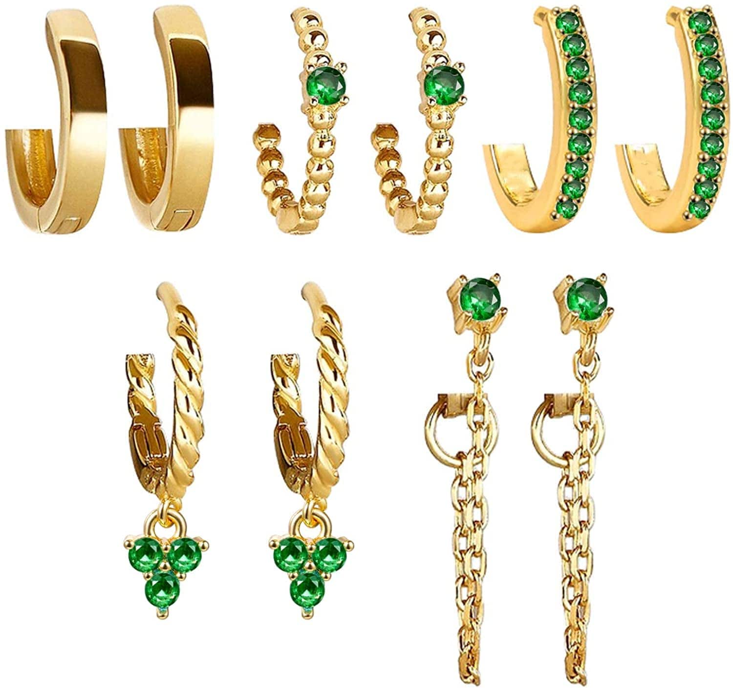 5 Pairs Gold Silver Huggies Hoop Earrings Set for Women Girls Small Dangle Chain Hoop Earrings Jewelry for Gifts Gold-Green