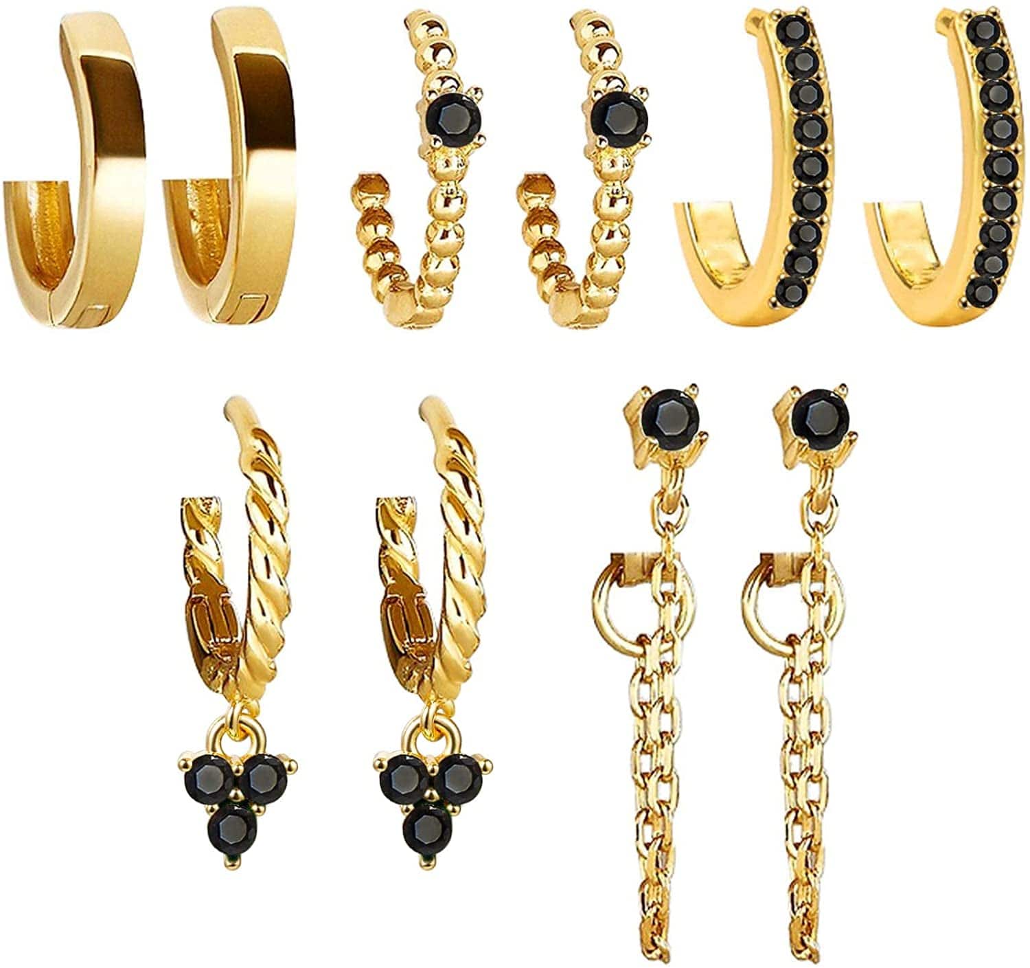 5 Pairs Gold Silver Huggies Hoop Earrings Set for Women Girls Small Dangle Chain Hoop Earrings Jewelry for Gifts Gold-Black