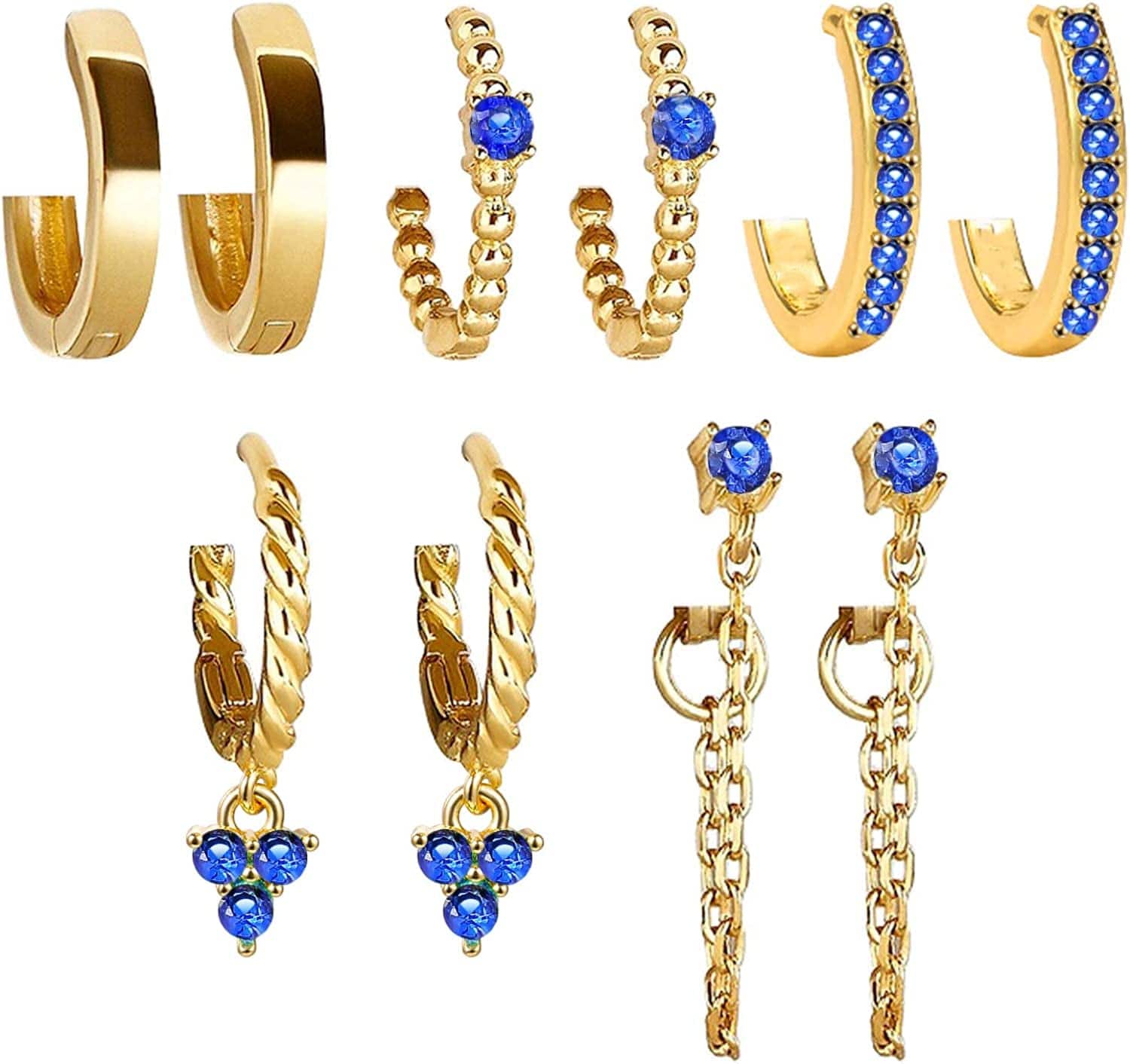 5 Pairs Gold Silver Huggies Hoop Earrings Set for Women Girls Small Dangle Chain Hoop Earrings Jewelry for Gifts Gold - Blue