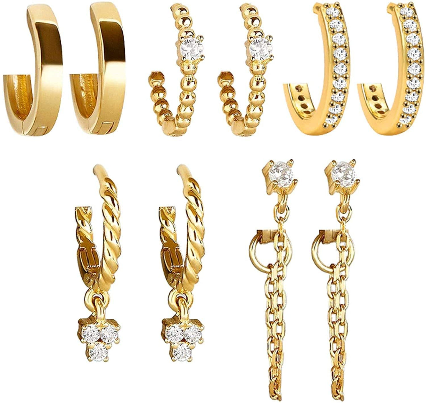 5 Pairs Gold Silver Huggies Hoop Earrings Set for Women Girls Small Dangle Chain Hoop Earrings Jewelry for Gifts Gold