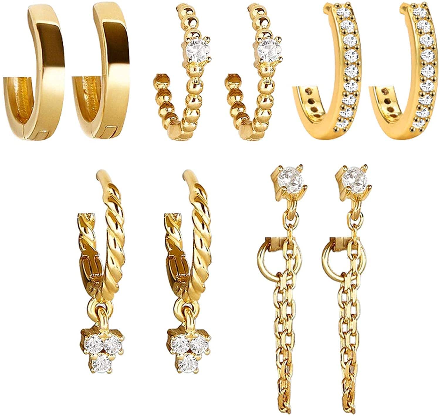5 Pairs Gold Silver Huggies Hoop Earrings Set for Women Girls Small Dangle Chain Hoop Earrings Jewelry for Gifts Gold