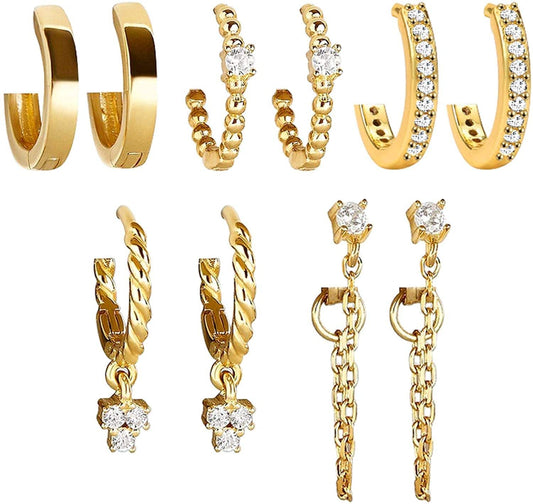 5 Pairs Gold Silver Huggies Hoop Earrings Set for Women Girls Small Dangle Chain Hoop Earrings Jewelry for Gifts Gold