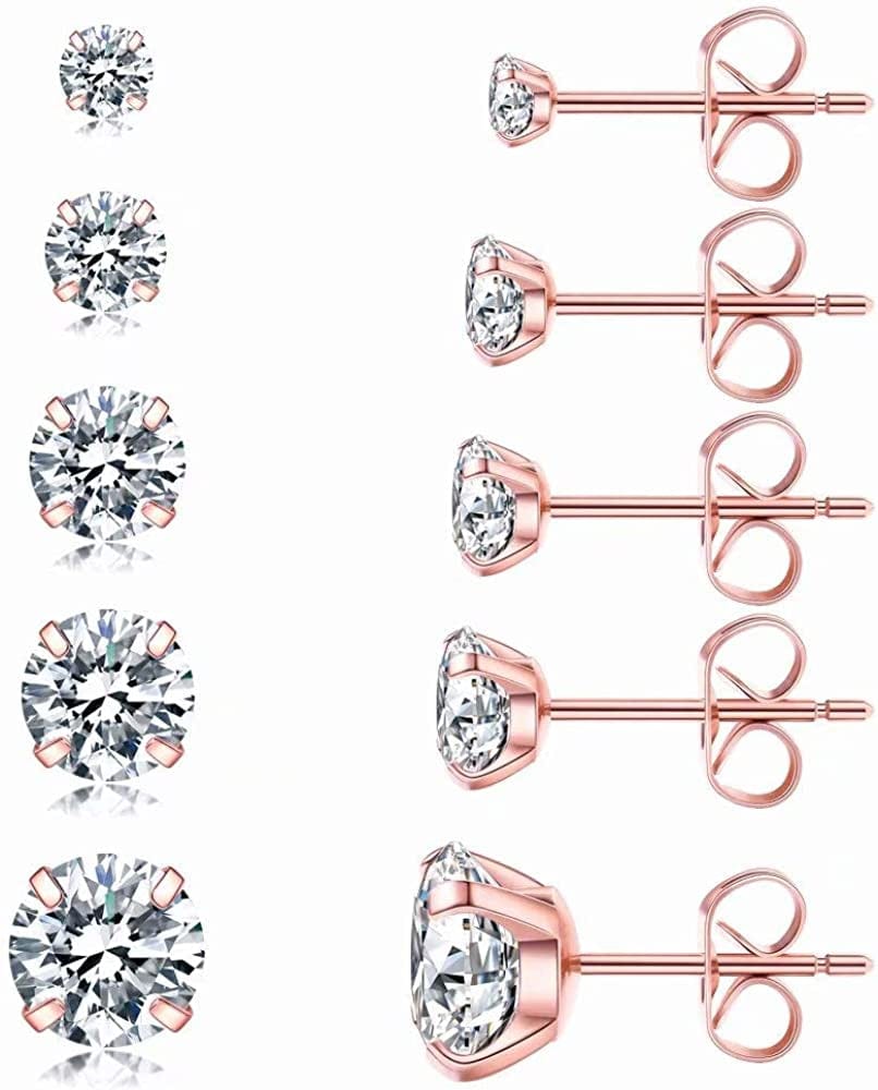 5 Pairs Stud Earrings Set, Hypoallergenic Cubic Zirconia 316L Earrings Stainless Steel CZ Earrings 3-8Mm, Rose Gold B(Rose Gold)