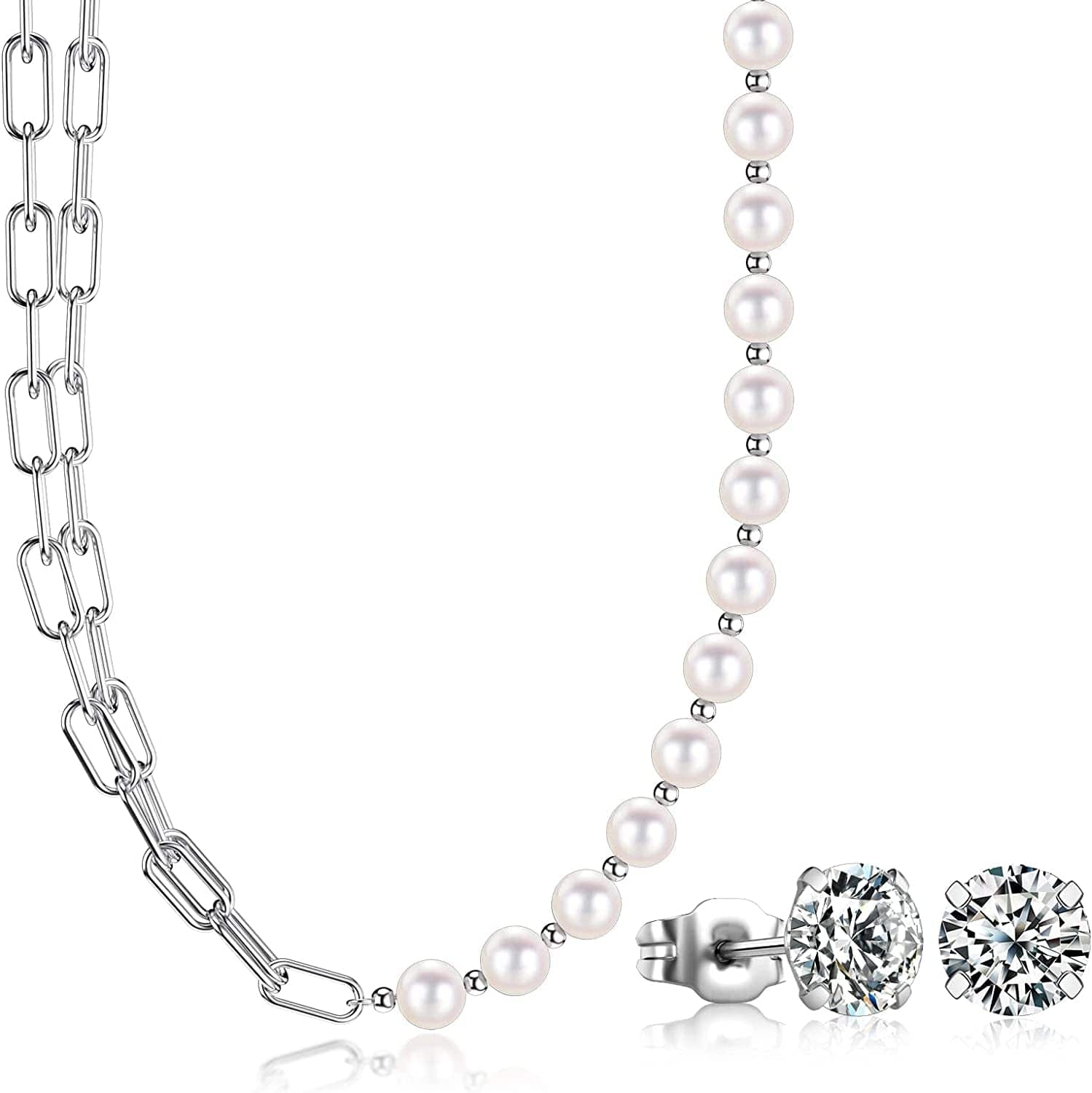 5 Pairs Stud Earrings Set, Hypoallergenic Cubic Zirconia 316L Earrings Stainless Steel CZ Earrings 3-8Mm, Rose Gold F(Mix-Silver)