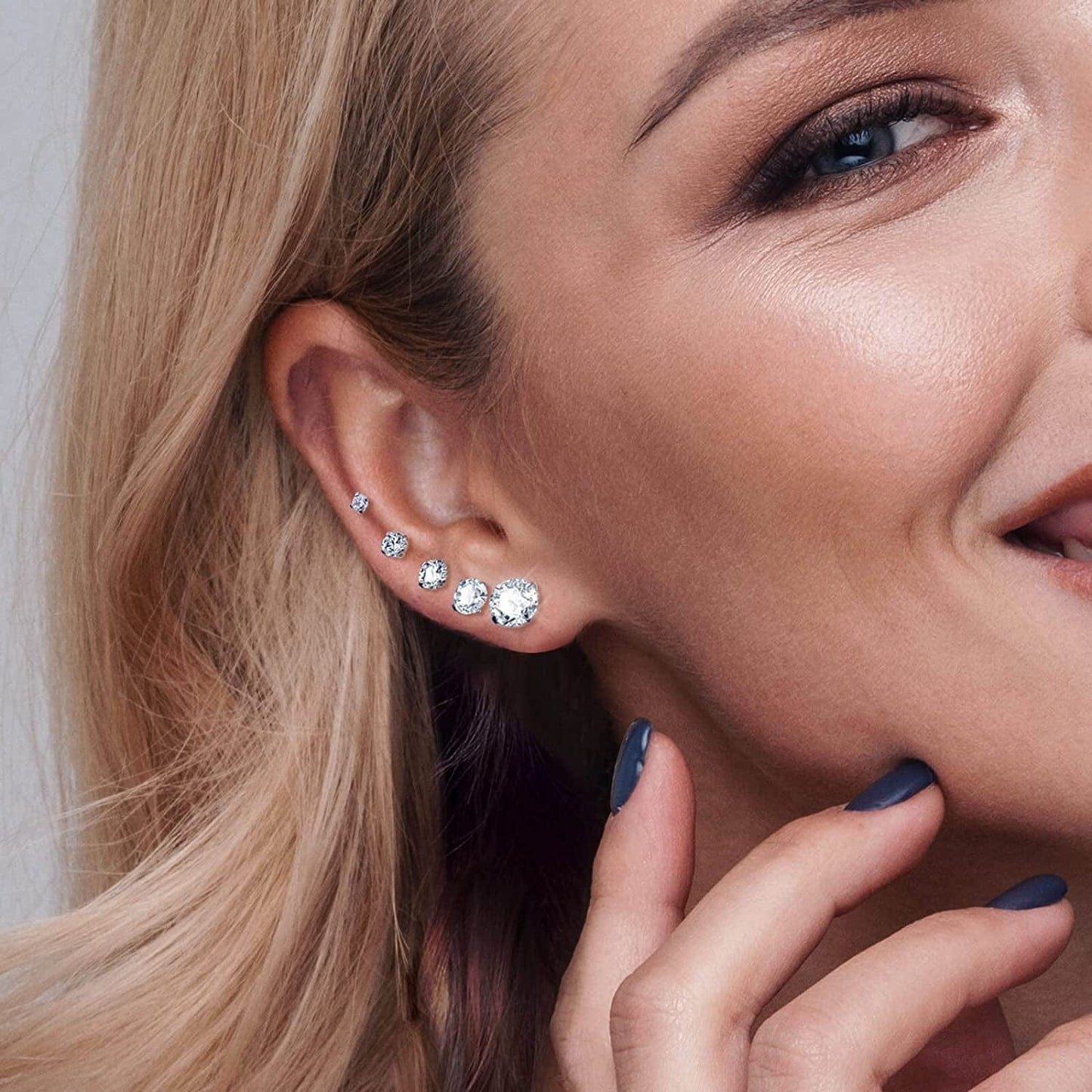 5 Pairs Stud Earrings Set, Hypoallergenic Cubic Zirconia 316L Earrings Stainless Steel CZ Earrings 3-8Mm, Rose Gold