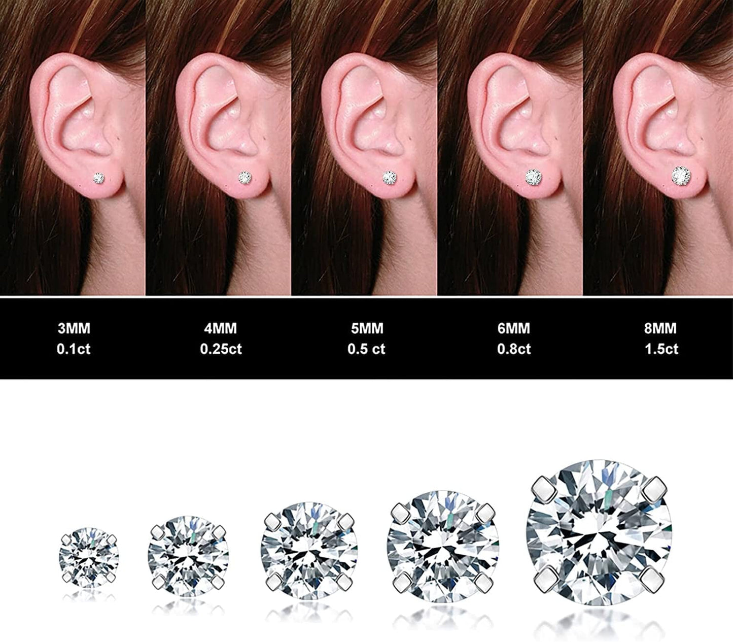 5 Pairs Stud Earrings Set, Hypoallergenic Cubic Zirconia 316L Earrings Stainless Steel CZ Earrings 3-8Mm, Rose Gold