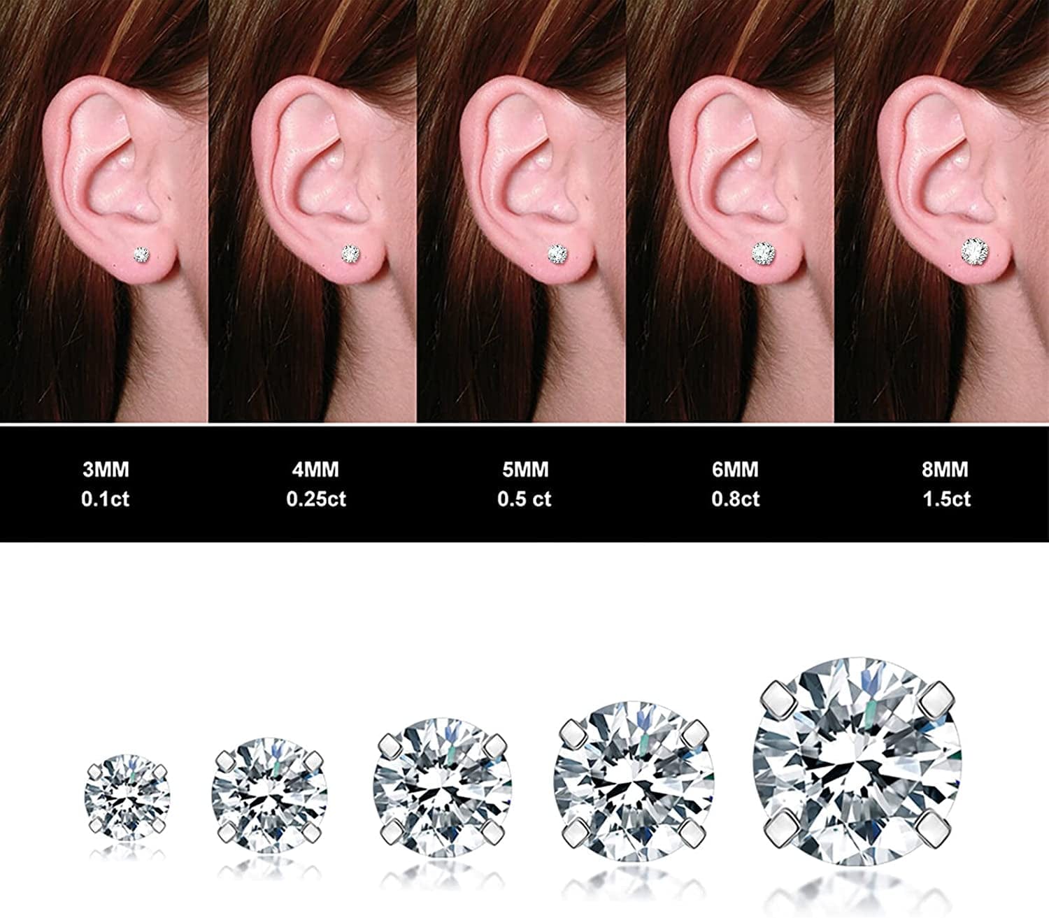 5 Pairs Stud Earrings Set, Hypoallergenic Cubic Zirconia 316L Earrings Stainless Steel CZ Earrings 3-8Mm, Rose Gold