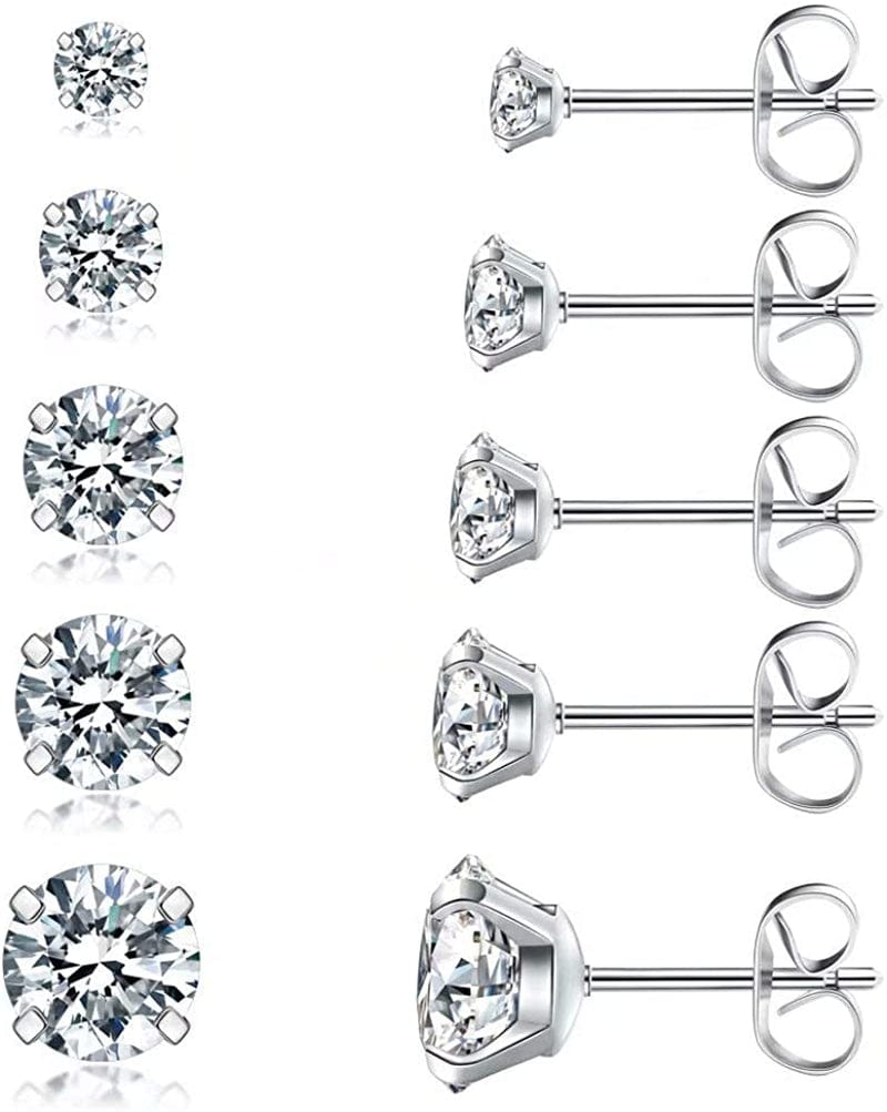5 Pairs Stud Earrings Set, Hypoallergenic Cubic Zirconia 316L Earrings Stainless Steel CZ Earrings 3-8Mm, Rose Gold A(Silver)