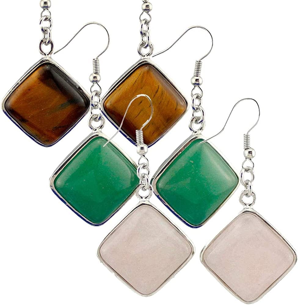 5 Paris - Womens Wire Wrapped Real Healing Amethyst Quartz Crystal Earrings Eardrop, Hexagonal Pointed 3 Pairs Rhombus Earrings - Rose Quartz, Aventurine, Tiger Eye Stone