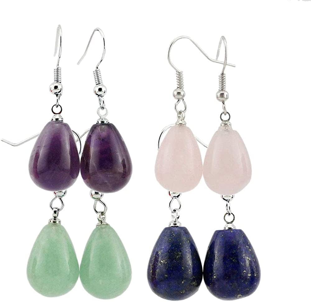 5 Paris - Womens Wire Wrapped Real Healing Amethyst Quartz Crystal Earrings Eardrop, Hexagonal Pointed 4 Pairs Waterdrop Earrings - Amethyst, Aventurine, Rose Quartz, Lapis Lazuli