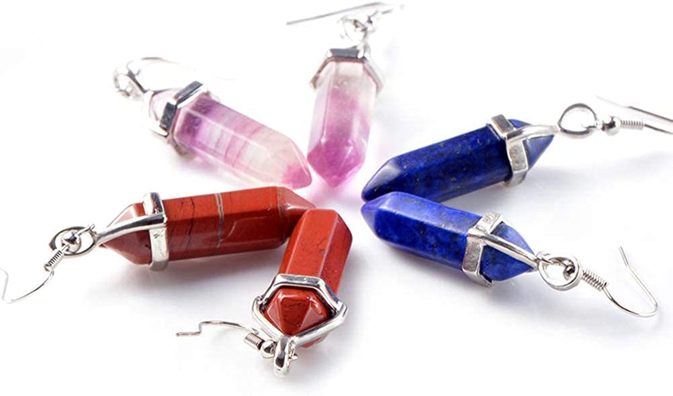5 Paris - Womens Wire Wrapped Real Healing Amethyst Quartz Crystal Earrings Eardrop, Hexagonal Pointed 3 Pairs - Purple Fluorite, Lapis Lazuli, Red Japser