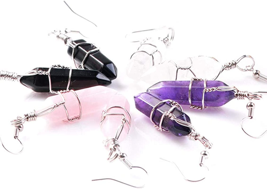 5 Paris - Womens Wire Wrapped Real Healing Amethyst Quartz Crystal Earrings Eardrop, Hexagonal Pointed 4 Pairs - Amethyst, Rose Quartz, Clear Quartz, Black Agate
