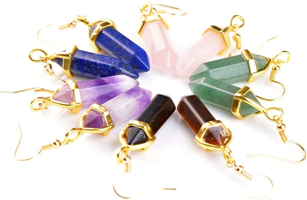 5 Paris - Womens Wire Wrapped Real Healing Amethyst Quartz Crystal Earrings Eardrop, Hexagonal Pointed 5 Pairs Gemstone Earrings - Gold Plated