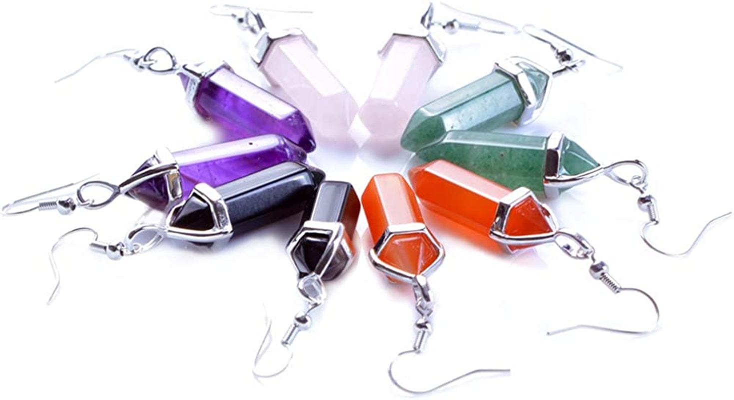5 Paris - Womens Wire Wrapped Real Healing Amethyst Quartz Crystal Earrings Eardrop, Hexagonal Pointed 5 Pairs Gemstone Earring Drops