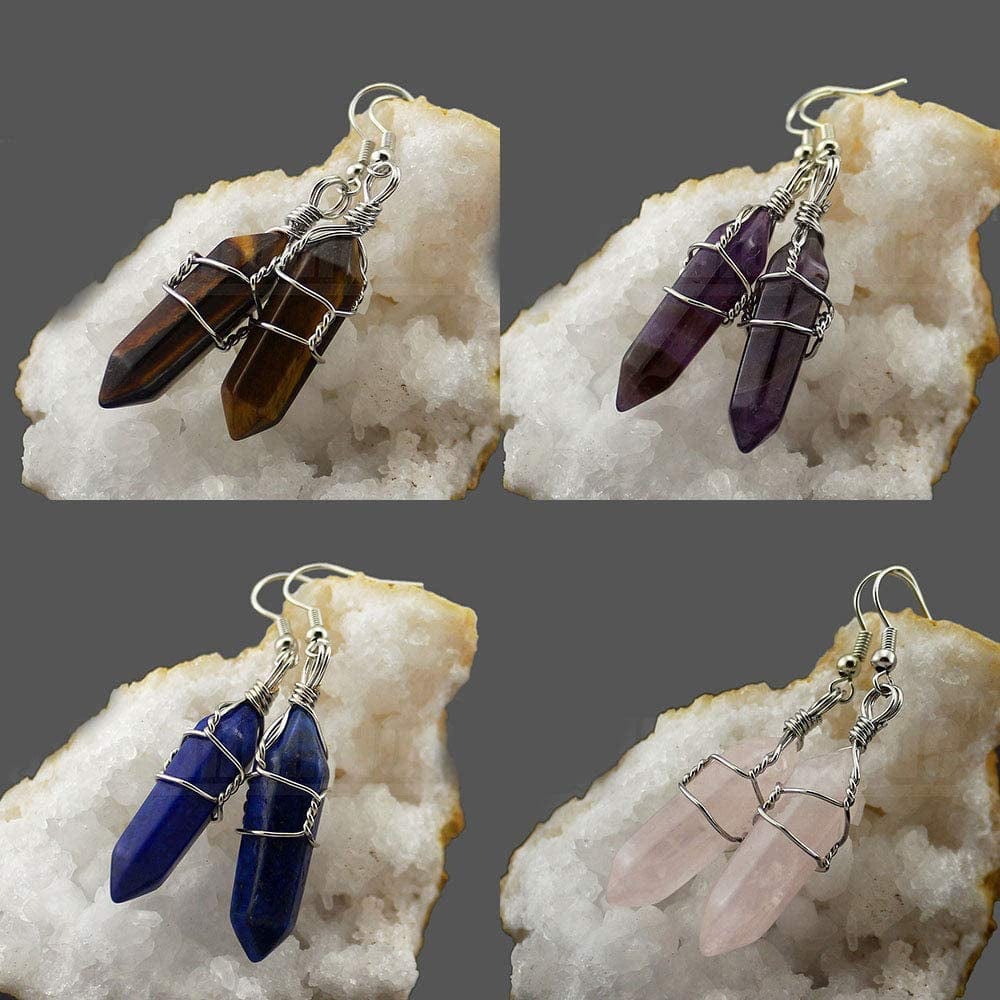 5 Paris - Womens Wire Wrapped Real Healing Amethyst Quartz Crystal Earrings Eardrop, Hexagonal Pointed