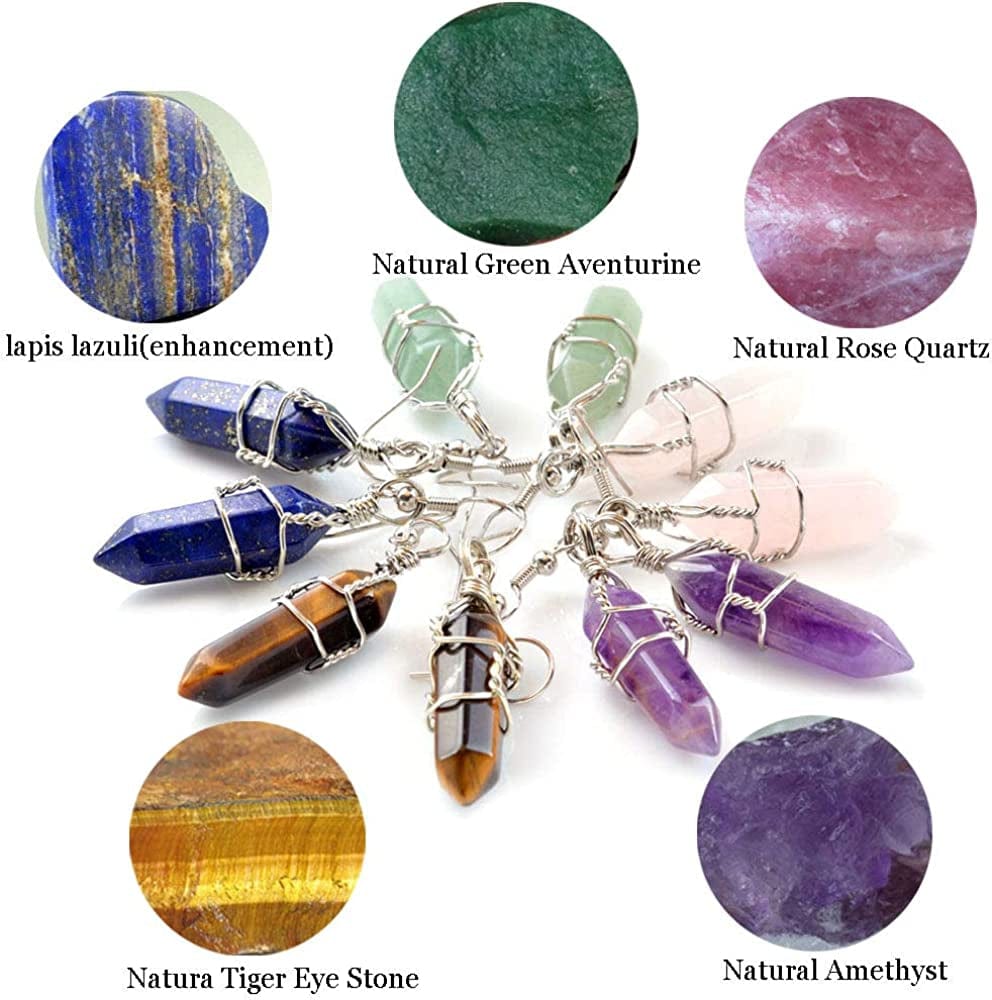 5 Paris - Womens Wire Wrapped Real Healing Amethyst Quartz Crystal Earrings Eardrop, Hexagonal Pointed