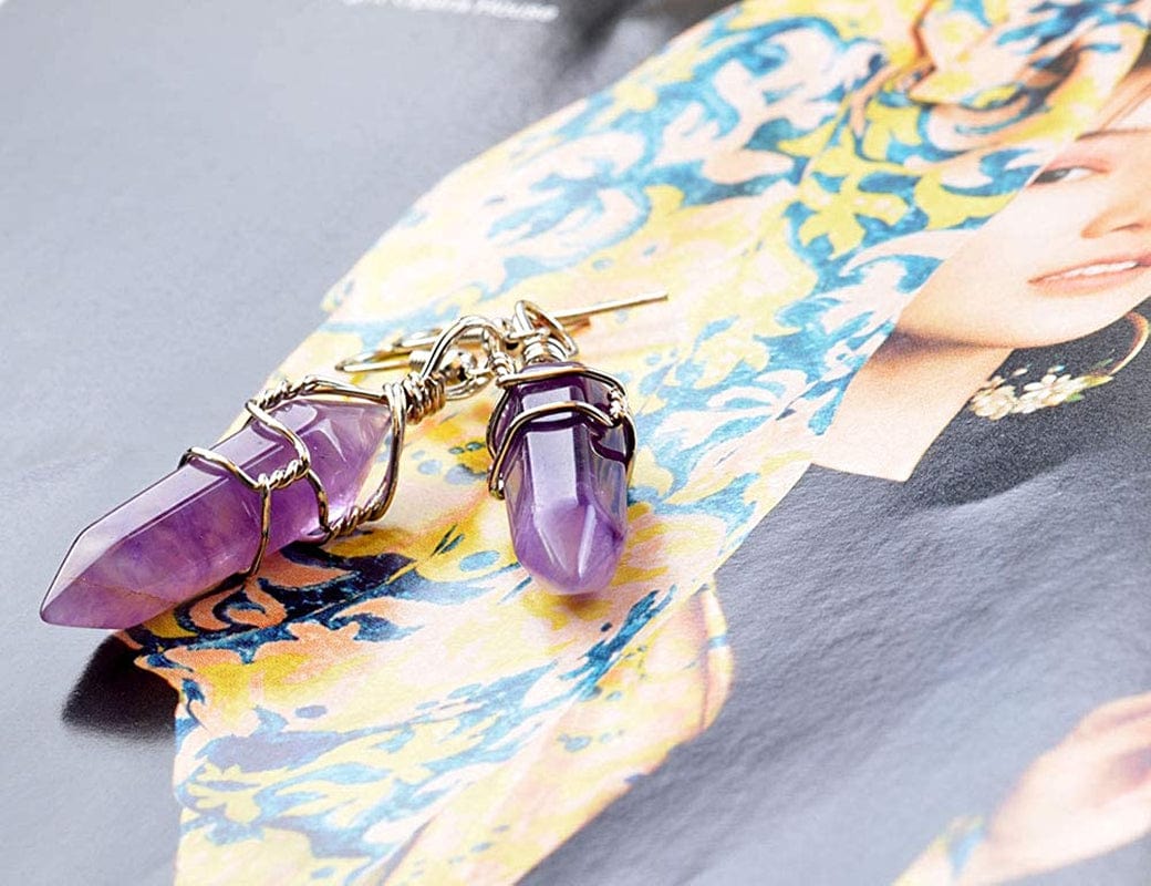 5 Paris - Womens Wire Wrapped Real Healing Amethyst Quartz Crystal Earrings Eardrop, Hexagonal Pointed