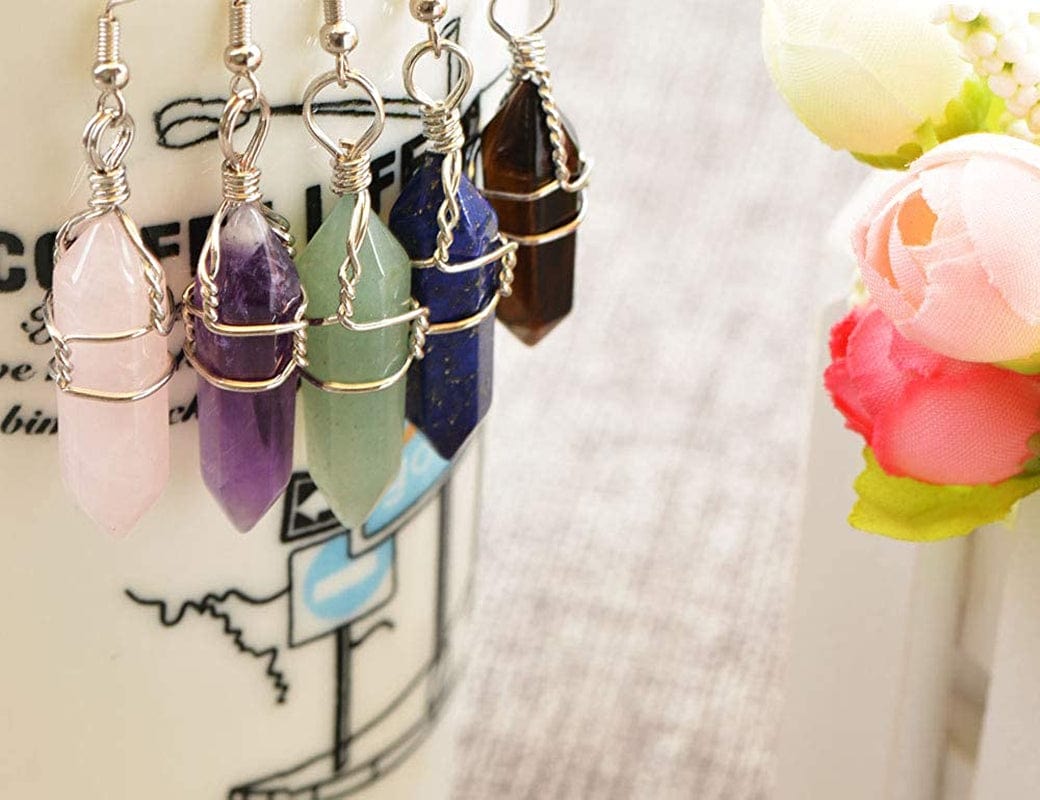 5 Paris - Womens Wire Wrapped Real Healing Amethyst Quartz Crystal Earrings Eardrop, Hexagonal Pointed