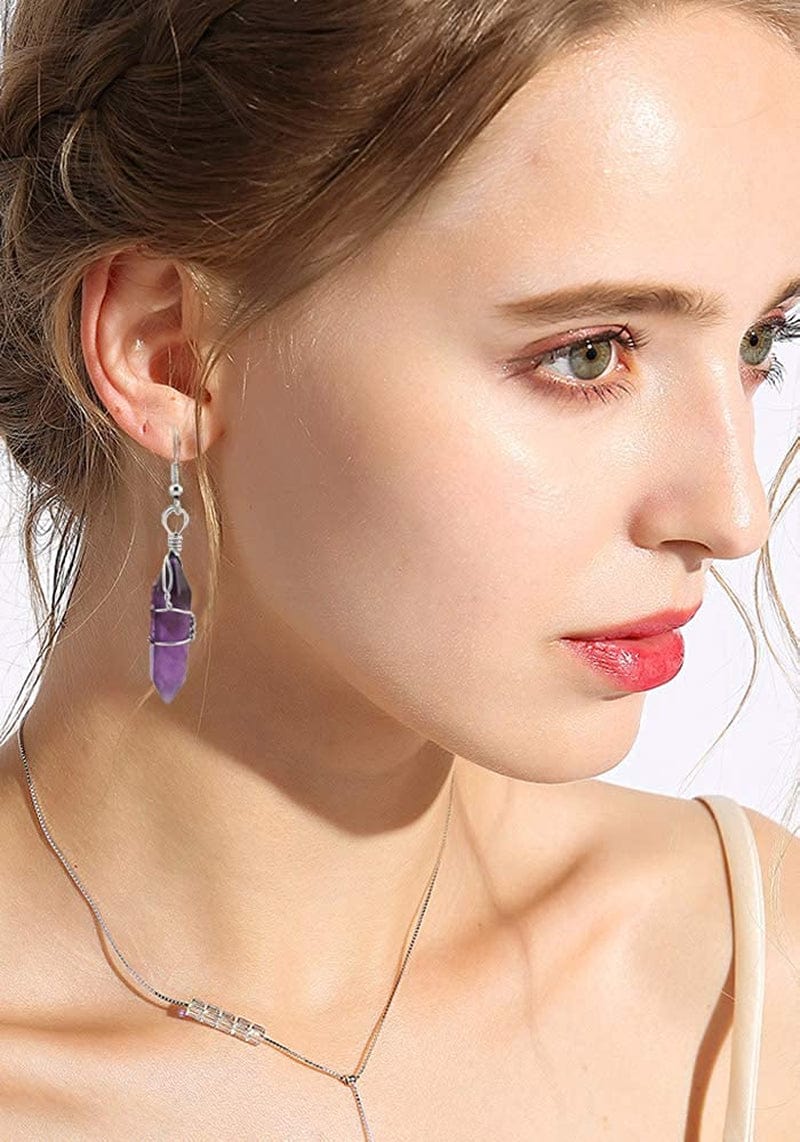 5 Paris - Womens Wire Wrapped Real Healing Amethyst Quartz Crystal Earrings Eardrop, Hexagonal Pointed