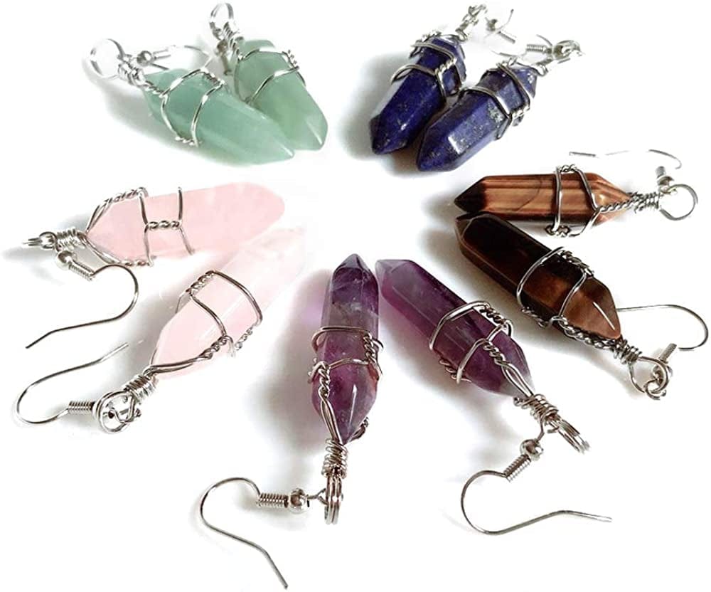 5 Paris - Womens Wire Wrapped Real Healing Amethyst Quartz Crystal Earrings Eardrop, Hexagonal Pointed