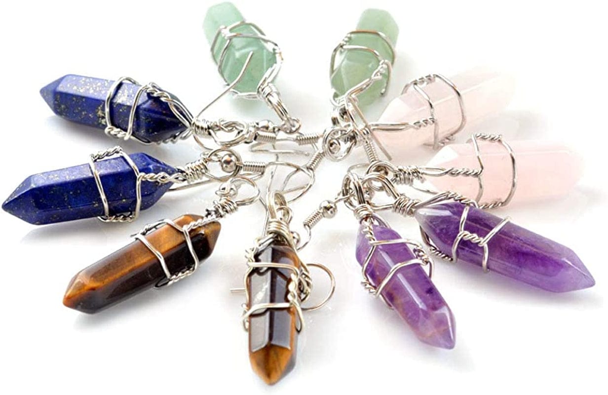 5 Paris - Womens Wire Wrapped Real Healing Amethyst Quartz Crystal Earrings Eardrop, Hexagonal Pointed