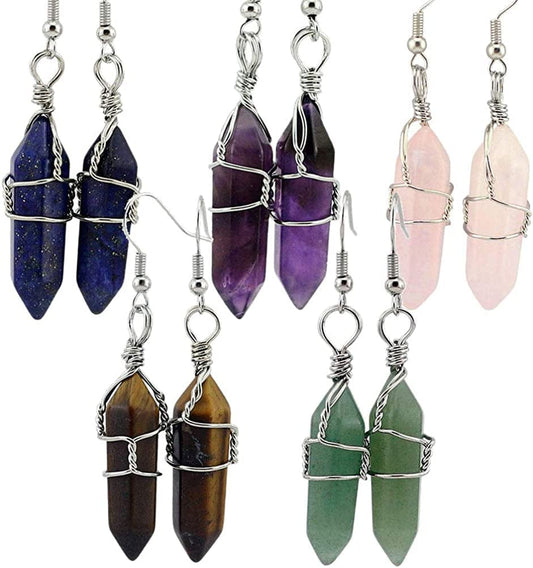5 Paris - Womens Wire Wrapped Real Healing Amethyst Quartz Crystal Earrings Eardrop, Hexagonal Pointed Amethyst, Rose Quartz, Lapis, Aventurine, Tiger Eye Stone