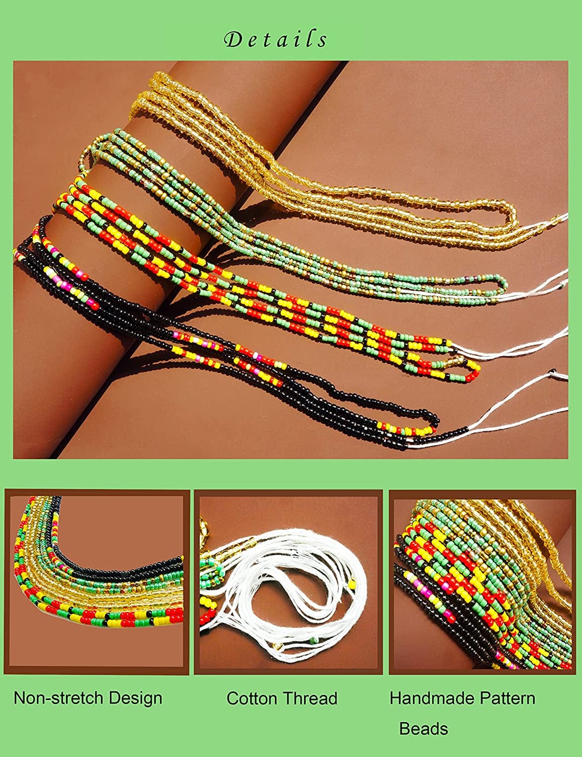 50” Handmade African Waist Beads,Colorful Belly Beads Body Jewelry,Non-Stretching Belly Chains,4 Pieces plus Size Waist Beads Apparel & Accessories > Jewelry > Body Jewelry WYAINUTLAAT
