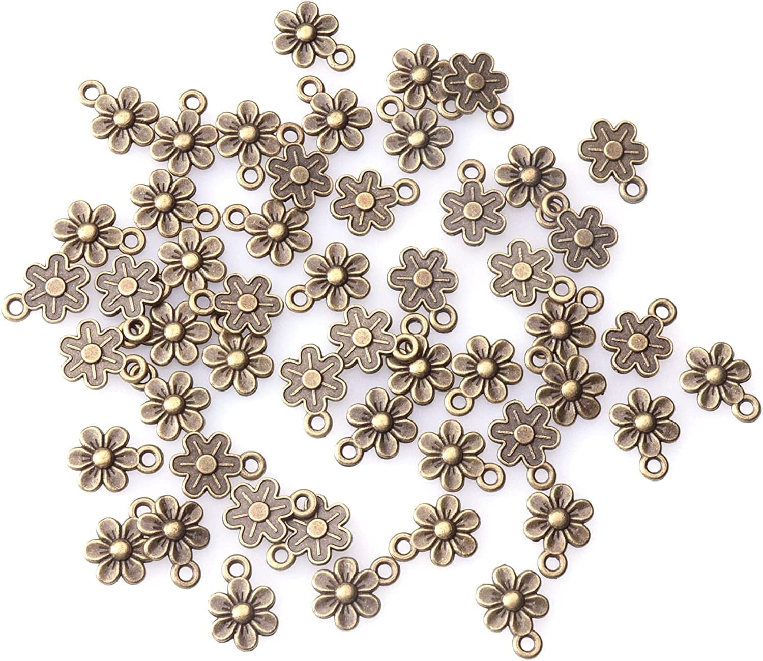 50 Pcs Little Flowers Charms Metal Vintage Cute Vintage Small Flower Pendants for Jewelry Making Kit Bracelet Necklace DIY Making Crafting Project Accessories Supplies (Silver) Bronze