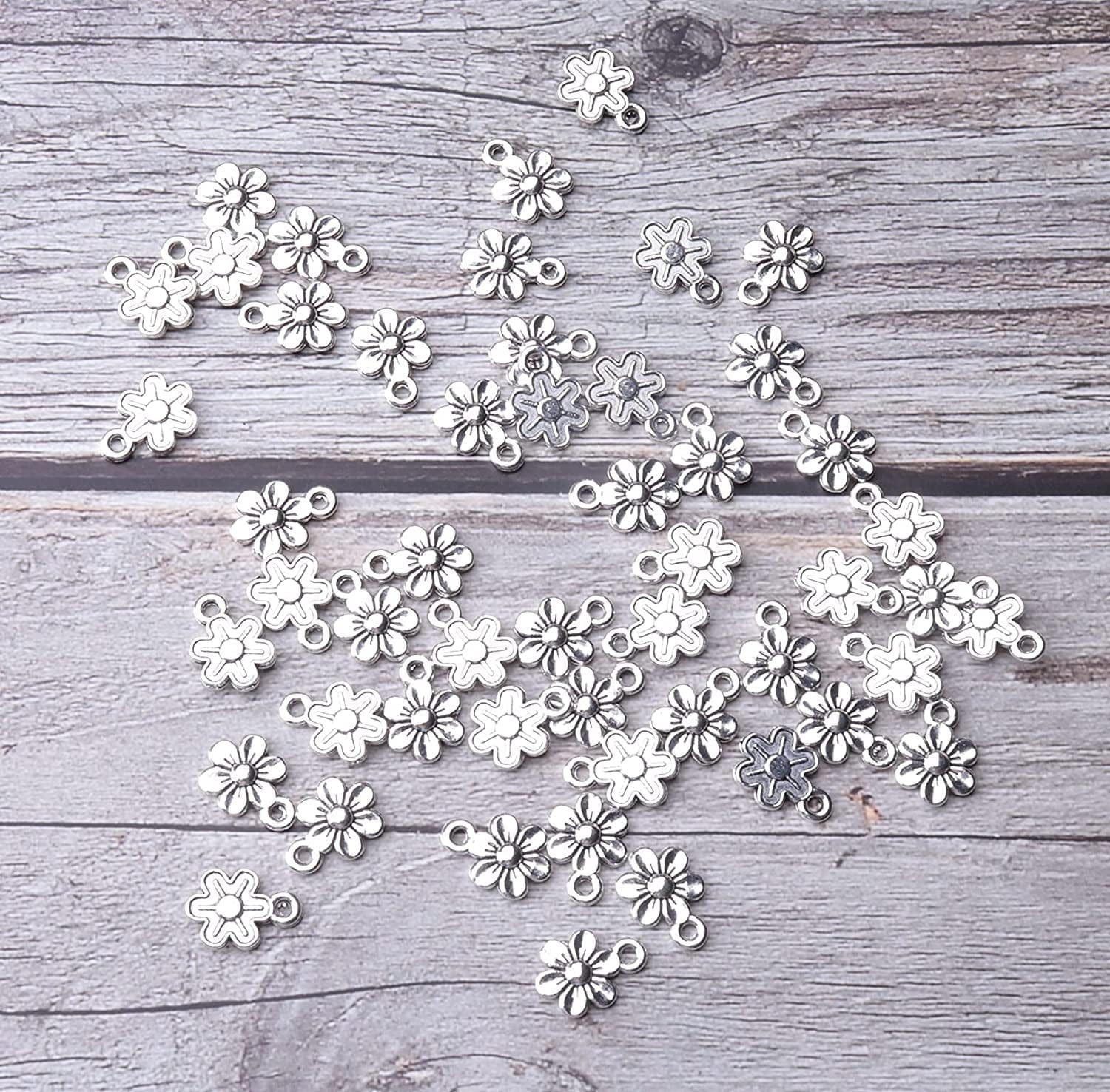 50 Pcs Little Flowers Charms Metal Vintage Cute Vintage Small Flower Pendants for Jewelry Making Kit Bracelet Necklace DIY Making Crafting Project Accessories Supplies (Silver)