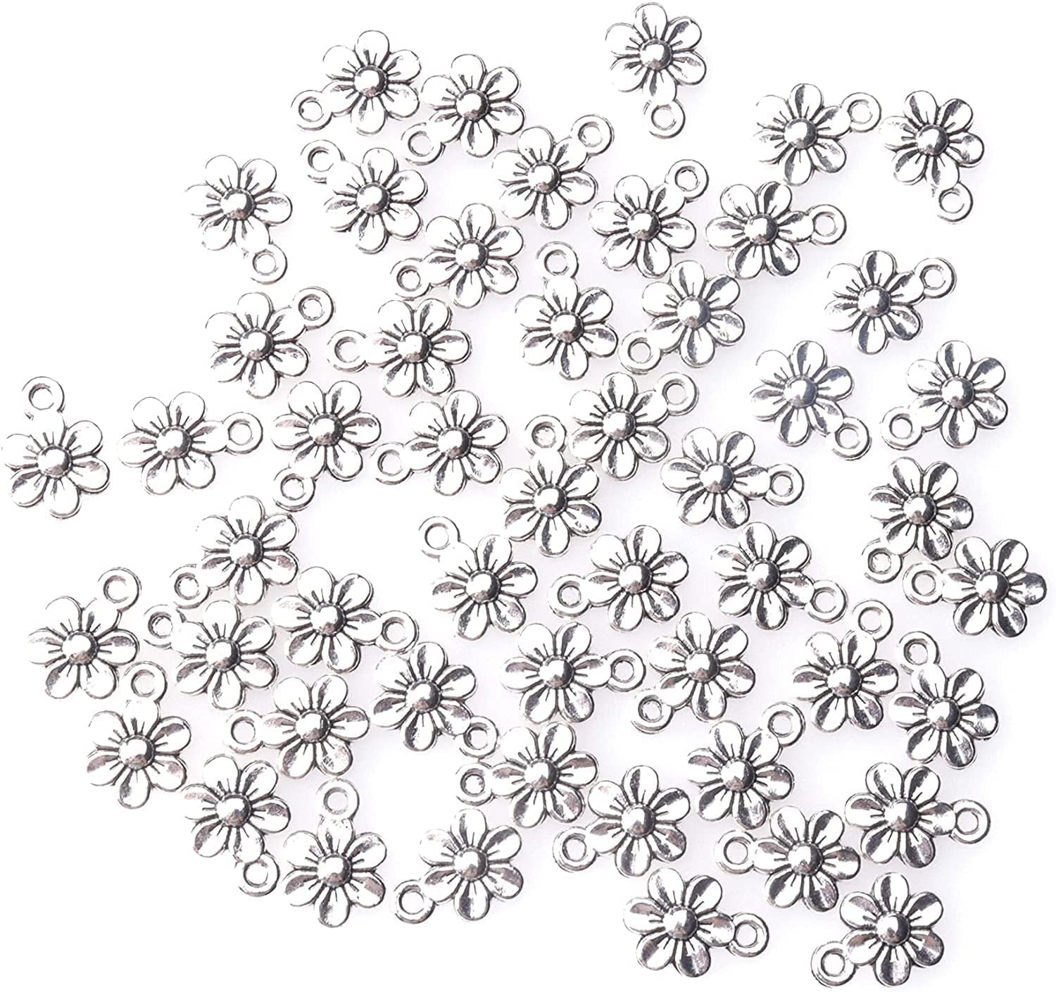 50 Pcs Little Flowers Charms Metal Vintage Cute Vintage Small Flower Pendants for Jewelry Making Kit Bracelet Necklace DIY Making Crafting Project Accessories Supplies (Silver) Silver