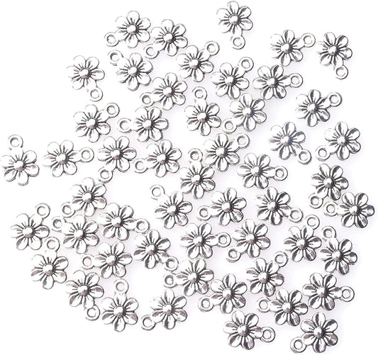 50 Pcs Little Flowers Charms Metal Vintage Cute Vintage Small Flower Pendants for Jewelry Making Kit Bracelet Necklace DIY Making Crafting Project Accessories Supplies (Silver) Silver
