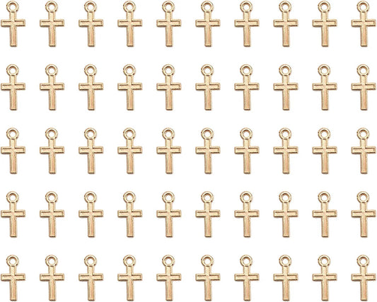 50 Pcs Mini Cross Charm Metal Mini Pendant Beads for Jewelry Making Finding Necklace Bracelet Earring Keychain DIY Gift Idea Handmade Craft Accessories (Gold) Gold