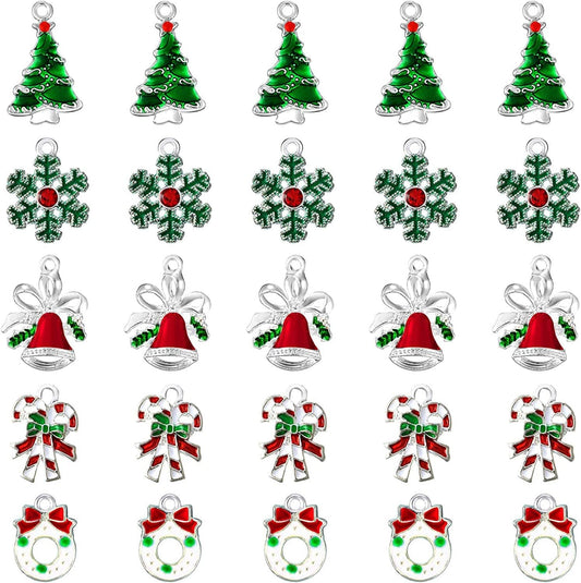50 Pieces Assorted Enamel Charm Pendants Christmas Tree Charms Snowflake Garland Bell Craft Charm Christmas Theme Decorative Enamel Pendants for DIY Crafts Jewelry Making Supplies