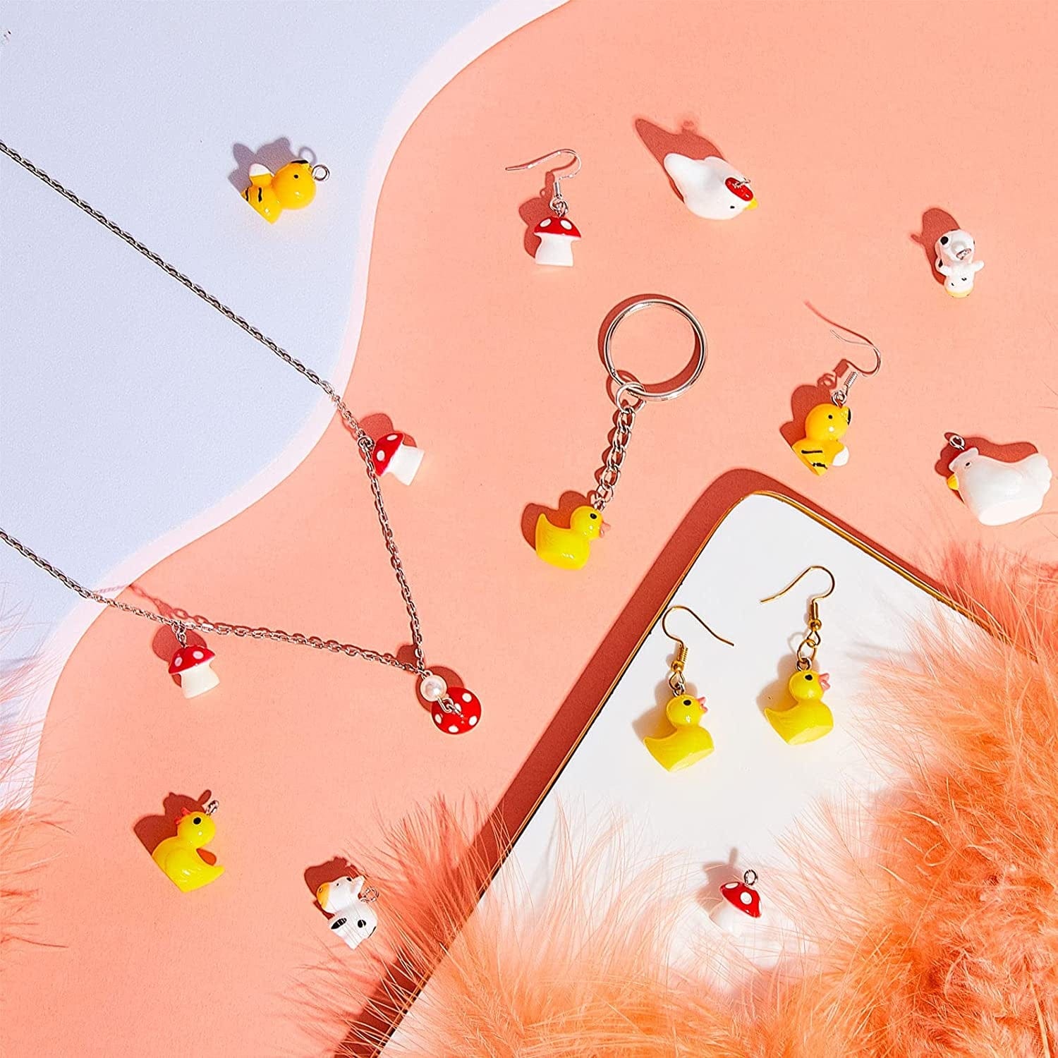 50 Pieces Cute Resin Mushroom Duck Cow Charms for Jewelry Making Animal Charms Pendant Handmade Bee Chicken Finding Charm DIY Pendant Resin Charm for DIY Bracelet Necklace Keychain Crafts