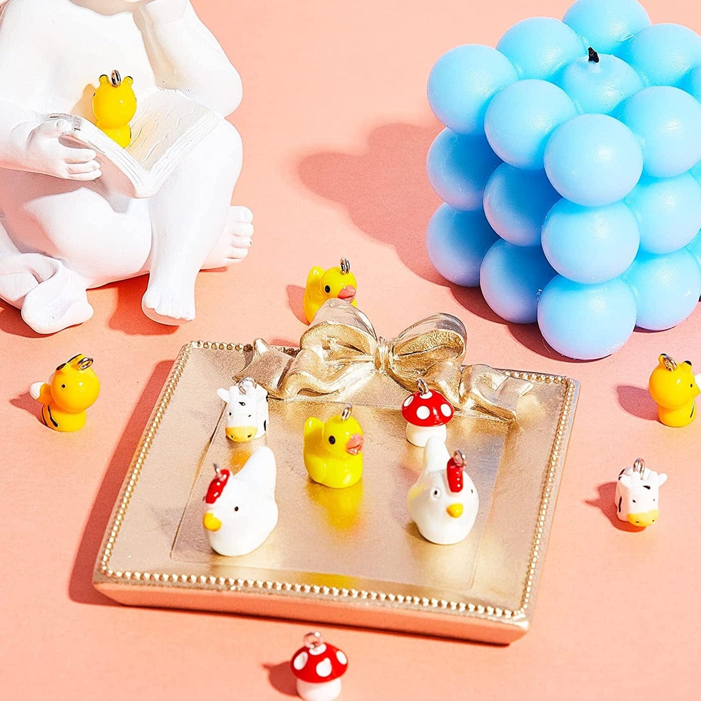 50 Pieces Cute Resin Mushroom Duck Cow Charms for Jewelry Making Animal Charms Pendant Handmade Bee Chicken Finding Charm DIY Pendant Resin Charm for DIY Bracelet Necklace Keychain Crafts