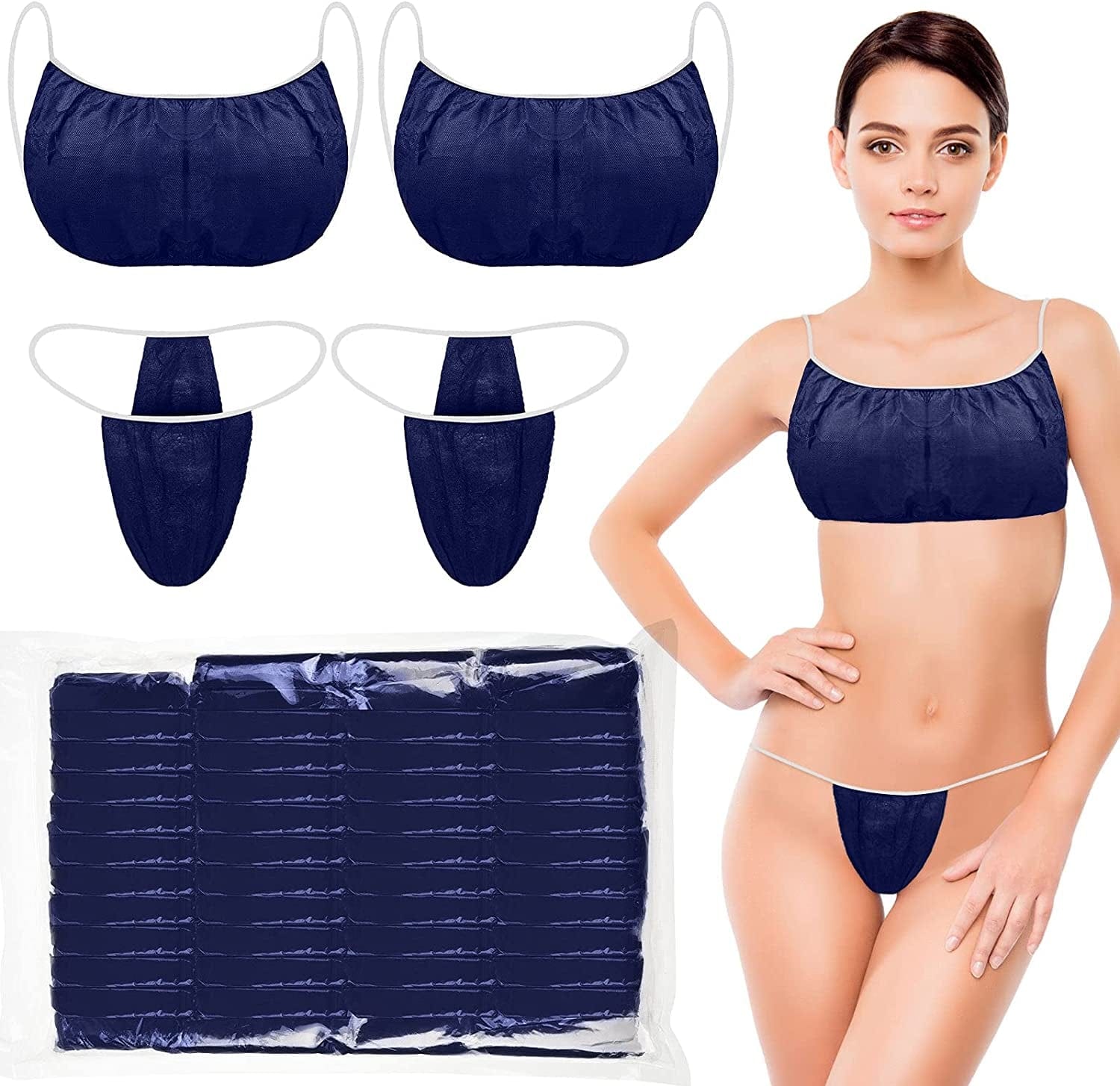 50 Pieces Disposable Bras and Panties Women Disposable Underwear Spa Bikini Thong Panties Sunless Spray Tan Top Underwear Blue,white